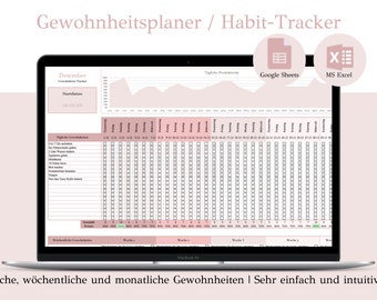 Könnte beinhalten: Ein Laptop-Bildschirm zeigt eine Habit-Tracker-Tabelle mit einem Diagramm und einer Liste täglicher Aufgaben. Die Tabelle ist mit "Dezember" betitelt und enthält Spalten für jeden Tag des Monats. Die Tabelle ist kompatibel mit Google Sheets und MS Excel. Der Text am unteren Rand des Bildes lautet "Verfolge tägliche, wöchentliche und monatliche Gewohnheiten | Sehr einfach und intuitiv zu benutzen".