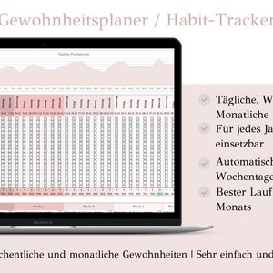 May include: A laptop screen displaying a habit tracker spreadsheet with a pink and white color scheme. The spreadsheet includes daily, weekly, and monthly habit tracking. The text on the screen reads "Gewohnheitsplaner / Habit-Tracker".