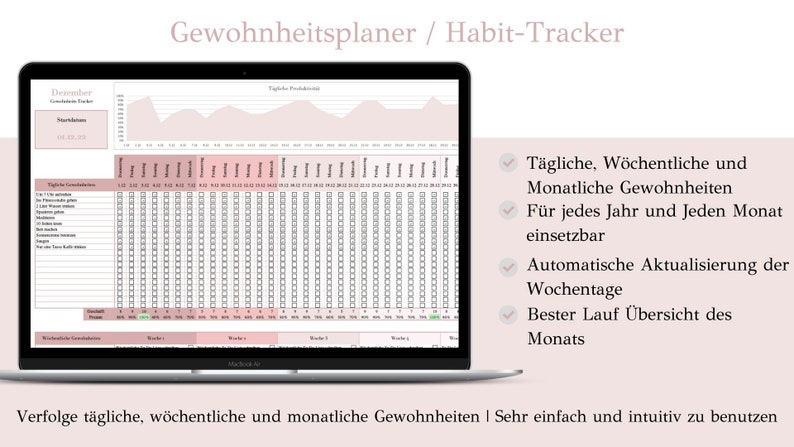 May include: A laptop screen displaying a habit tracker spreadsheet with a pink and white color scheme. The spreadsheet includes daily, weekly, and monthly habit tracking. The text on the screen reads "Gewohnheitsplaner / Habit-Tracker".