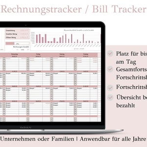May include: A laptop screen displaying a bill tracker spreadsheet with a pink and white color scheme. The spreadsheet is labeled "Rechnungstracker / Bill Tracker" and includes a calendar view, progress bars, and a section for tracking invoices. The text "Platz f&uuml;r bis zu 7 Rechnungen am Tag" is visible on the right side of the screen.