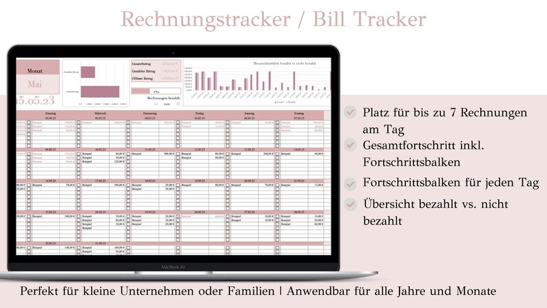 May include: A laptop screen displaying a bill tracker spreadsheet with a pink and white color scheme. The spreadsheet is labeled "Rechnungstracker / Bill Tracker" and includes a calendar view, progress bars, and a section for tracking invoices. The text "Platz f&uuml;r bis zu 7 Rechnungen am Tag" is visible on the right side of the screen.