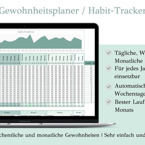 May include: A laptop screen displaying a habit tracker spreadsheet with a green and white color scheme. The spreadsheet includes a line graph, a table with checkboxes, and the text "Gewohnheitsplaner / Habit-Tracker". The text below the laptop reads "Verfolge t&auml;gliche, w&ouml;chentliche und monatliche Gewohnheiten | Sehr einfach und intuitiv zu benutzen".