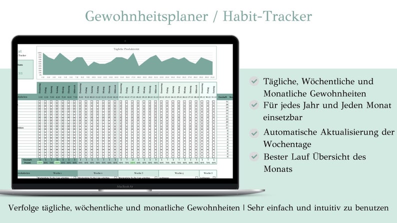 May include: A laptop screen displaying a habit tracker spreadsheet with a green and white color scheme. The spreadsheet includes a line graph, a table with checkboxes, and the text "Gewohnheitsplaner / Habit-Tracker". The text below the laptop reads "Verfolge t&auml;gliche, w&ouml;chentliche und monatliche Gewohnheiten | Sehr einfach und intuitiv zu benutzen".
