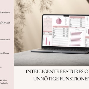 May include: A laptop computer displaying a spreadsheet with charts and graphs. The screen shows a financial dashboard with the text "Ausgaben und Einnahmen" and "Dein Cash Flow Auf einen Blick". The text "INTELLIGENTE FEATURES OHNE UNN&Ouml;TIGE FUNKTIONEN" is displayed below the laptop.