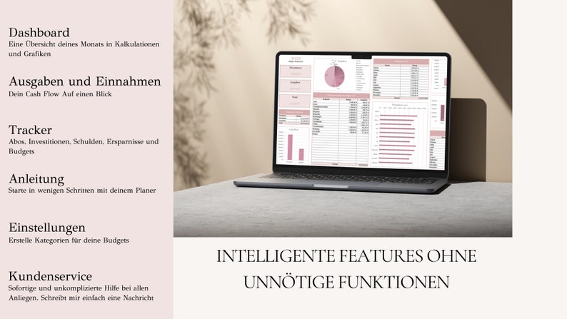 May include: A laptop computer displaying a spreadsheet with charts and graphs. The screen shows a financial dashboard with the text "Ausgaben und Einnahmen" and "Dein Cash Flow Auf einen Blick". The text "INTELLIGENTE FEATURES OHNE UNN&Ouml;TIGE FUNKTIONEN" is displayed below the laptop.