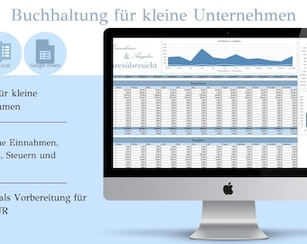 May include: A computer monitor displaying a spreadsheet with financial data. The screen shows charts and tables with the text "Buchhaltung für kleine Unternehmen" and "MS Excel" and "Google sheets". The image is designed for small businesses.