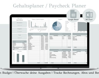 May include: A laptop screen displaying a spreadsheet template for budgeting and tracking expenses. The template is titled "Gehaltsplaner / Paycheck Planer" and includes sections for monthly budget, income, expenses, and financial overview. The template is available in Google Sheets and MS Excel formats. The text at the bottom of the screen reads "Plane dein Budget | Überwache deine Ausgaben | Tracke Rechnungen, Abos und Bestellungen."