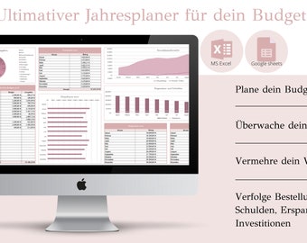 May include: A computer screen displaying a spreadsheet with charts and graphs. The screen is titled "Ultimativer Jahresplaner für dein Budget". The text below the screen reads "Plane dein Budget", "Überwache deine Ausgaben", "Vermehre dein Vermögen", and "Verfolge Bestellungen, Schulden, Ersparnisse und Investitionen".