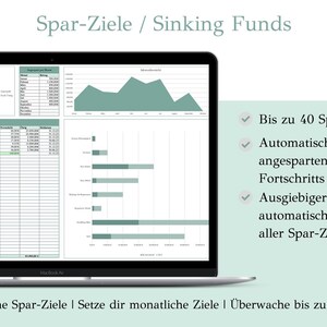 May include: A laptop screen displaying a spreadsheet with a green and white color scheme. The spreadsheet is titled "Spar-Ziele / Sinking Funds". The text on the screen reads "Bis zu 40 Spar-Ziele", "Automatische Berechnungen der angesparten Betr&auml;ge und des Fortschritts", "Ausgiebiger Spar-Tracker mit automatischer Drop-Down Liste aller Spar-Ziele", and "Erreiche deine Spar-Ziele | Setze dir monatliche Ziele | &Uuml;berwache bis zu 40 Spar-Ziele".