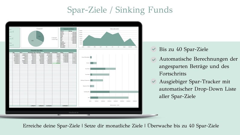 May include: A laptop screen displaying a spreadsheet with a green and white color scheme. The spreadsheet is titled "Spar-Ziele / Sinking Funds". The text on the screen reads "Bis zu 40 Spar-Ziele", "Automatische Berechnungen der angesparten Betr&auml;ge und des Fortschritts", "Ausgiebiger Spar-Tracker mit automatischer Drop-Down Liste aller Spar-Ziele", and "Erreiche deine Spar-Ziele | Setze dir monatliche Ziele | &Uuml;berwache bis zu 40 Spar-Ziele".