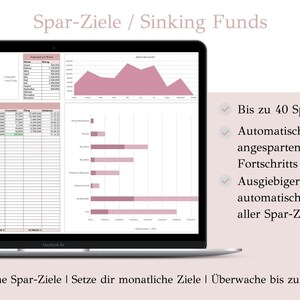 May include: A laptop computer screen displaying a spreadsheet with charts and graphs. The spreadsheet is titled "Spar-Ziele / Sinking Funds". The text on the screen reads "Bis zu 40 Spar-Ziele", "Automatische Berechnungen der angesparten Betr&auml;ge und des Fortschritts", "Ausgiebiger Spar-Tracker mit automatischer Drop-Down Liste aller Spar-Ziele", and "Erreiche deine Spar-Ziele | Setze dir monatliche Ziele | &Uuml;berwache bis zu 40 Spar-Ziele".
