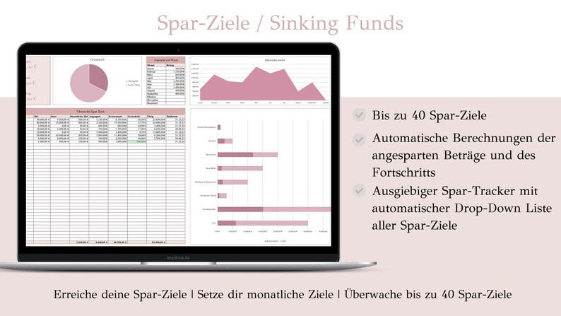 May include: A laptop computer screen displaying a spreadsheet with charts and graphs. The spreadsheet is titled "Spar-Ziele / Sinking Funds". The text on the screen reads "Bis zu 40 Spar-Ziele", "Automatische Berechnungen der angesparten Betr&auml;ge und des Fortschritts", "Ausgiebiger Spar-Tracker mit automatischer Drop-Down Liste aller Spar-Ziele", and "Erreiche deine Spar-Ziele | Setze dir monatliche Ziele | &Uuml;berwache bis zu 40 Spar-Ziele".