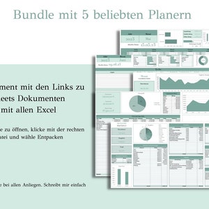 May include: A digital image showing a bundle of five printable planners. The image includes a text description of the bundle's contents: a PDF document with links to Google Sheets documents and a zip file with Excel documents. The image also includes a text description of the customer service offered.