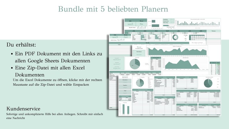 May include: A digital image showing a bundle of five printable planners. The image includes a text description of the bundle's contents: a PDF document with links to Google Sheets documents and a zip file with Excel documents. The image also includes a text description of the customer service offered.