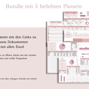 May include: A pink and white digital planner bundle with five different spreadsheets. The text "Bundle mit 5 beliebten Planern" is at the top of the image. The text "Du erh&auml;ltst" is followed by bullet points describing the contents of the bundle: a PDF document with links to Google Sheets documents and a Zip file with Excel documents. The text "Kundenservice" is followed by a message about customer service.