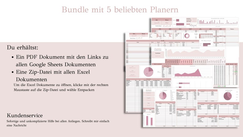 May include: A pink and white digital planner bundle with five different spreadsheets. The text "Bundle mit 5 beliebten Planern" is at the top of the image. The text "Du erh&auml;ltst" is followed by bullet points describing the contents of the bundle: a PDF document with links to Google Sheets documents and a Zip file with Excel documents. The text "Kundenservice" is followed by a message about customer service.