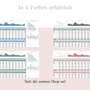 May include: Four different color variations of a printable yearly budget and expense tracker. The tracker includes sections for income, expenses, and a yearly overview. The text in the image reads "In 4 Farben erh&auml;ltlich" and "Sieh dir meinen Shop an!"