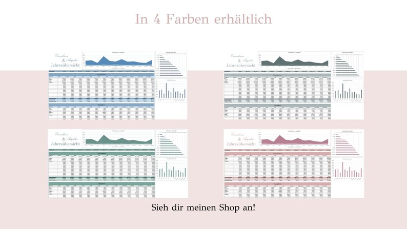 May include: Four different color variations of a printable yearly budget and expense tracker. The tracker includes sections for income, expenses, and a yearly overview. The text in the image reads "In 4 Farben erh&auml;ltlich" and "Sieh dir meinen Shop an!"