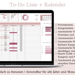 May include: A laptop computer screen displaying a to-do list and calendar template. The template features a pink and white color scheme and includes a pie chart, progress bars, and a mini calendar. The text on the screen reads "To-Do Liste + Kalender" and "Einfach zu benutzen | Anwendbar f&uuml;r alle Jahre und Monate".