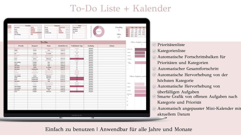 May include: A laptop computer screen displaying a to-do list and calendar template. The template features a pink and white color scheme and includes a pie chart, progress bars, and a mini calendar. The text on the screen reads "To-Do Liste + Kalender" and "Einfach zu benutzen | Anwendbar f&uuml;r alle Jahre und Monate".