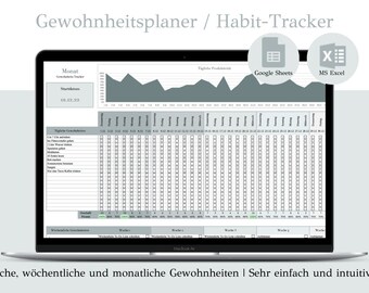 Könnte beinhalten: Ein Laptop mit einer Gewohnheitsplaner-Vorlage. Der Bildschirm zeigt ein Raster zur täglichen, wöchentlichen und monatlichen Gewohnheitsverfolgung, mit einem Diagramm oben. Der Text "Gewohnheitsplaner / Habit-Tracker" ist oben zu sehen.