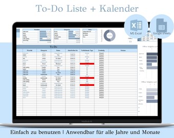 May include: A laptop screen displaying a spreadsheet with a to-do list and calendar. The spreadsheet is titled "To-Do Liste + Kalender" and includes columns for priority, category, date, deadline, and notes. The spreadsheet is also integrated with MS Excel and Google Sheets.