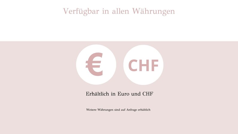 May include: Image showing that the product is available in Euro and Swiss Franc currencies. The text reads "Available in all currencies" and "Available in Euro and Swiss Franc. Other currencies are available upon request."
