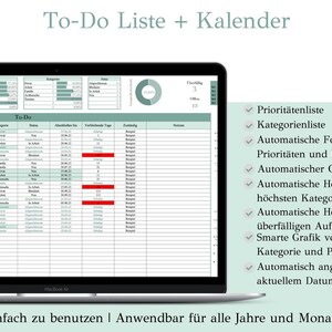 May include: A screenshot of a computer screen showing a to-do list and calendar app. The app has a green and white color scheme and features a list of tasks, a progress bar, and a mini-calendar. The text on the screen reads "To-Do Liste + Kalender" and lists features such as "Priorit&auml;tenliste", "Kategorienliste", "Automatische Fortschrittsbalken f&uuml;r Priorit&auml;ten und Kategorien", "Automatischer Gesamtfortschritt", "Automatische Hervorhebung von der h&ouml;chsten Kategorie", "Automatische Hervorhebung von &uuml;berf&auml;lligen Aufgaben", "Smarte Grafik von offenen Aufgaben nach Kategorie und Priorit&auml;t", "Automatisch angepasster Mini-Kalender mit aktuellem Datum", and "Einfach zu benutzen | Anwendbar f&uuml;r alle Jahre und Monate".
