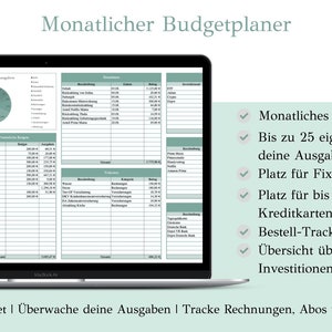 May include: A laptop screen displaying a monthly budget planner template with a green and white color scheme. The template includes sections for income, expenses, fixed costs, subscriptions, accounts, credit cards, and a dashboard. The text on the screen reads "Monatlicher Budgetplaner" and "AUGUST".