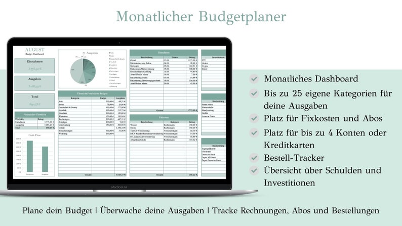 May include: A laptop screen displaying a monthly budget planner template with a green and white color scheme. The template includes sections for income, expenses, fixed costs, subscriptions, accounts, credit cards, and a dashboard. The text on the screen reads "Monatlicher Budgetplaner" and "AUGUST".