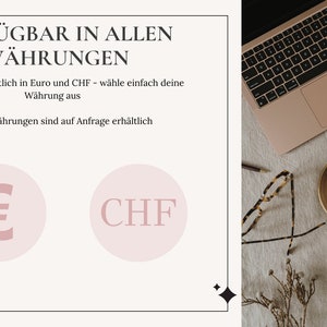May include: A white and black graphic with the text "VERF&Uuml;GBAR IN ALLEN W&Auml;HRUNGEN" in black. The text below reads "Automatisch erh&auml;ltlich in Euro und CHF - w&auml;hle einfach deine W&auml;hrung aus." and "Weitere W&auml;hrungen sind auf Anfrage erh&auml;ltlich."  The graphic also includes two pink circles with the symbols for Euro and Swiss Franc.