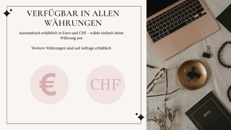 May include: A white and black graphic with the text "VERF&Uuml;GBAR IN ALLEN W&Auml;HRUNGEN" in black. The text below reads "Automatisch erh&auml;ltlich in Euro und CHF - w&auml;hle einfach deine W&auml;hrung aus." and "Weitere W&auml;hrungen sind auf Anfrage erh&auml;ltlich."  The graphic also includes two pink circles with the symbols for Euro and Swiss Franc.