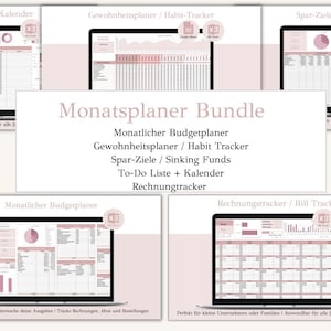 May include: A digital product bundle for personal organization and planning. The bundle includes a monthly budget planner, habit tracker, savings goals tracker, to-do list and calendar, and bill tracker. The image shows a laptop screen with each of the planners displayed in a grid format.