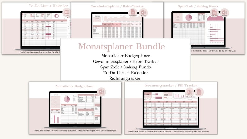 May include: A digital product bundle for personal organization and planning. The bundle includes a monthly budget planner, habit tracker, savings goals tracker, to-do list and calendar, and bill tracker. The image shows a laptop screen with each of the planners displayed in a grid format.