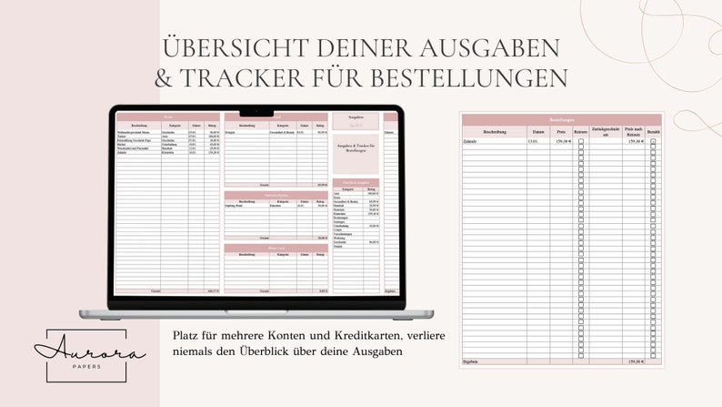 May include: A laptop screen displaying a printable budget tracker and expense log. The tracker is divided into sections for different categories, including "Savings & Tracker for Bookings". The text on the screen reads "&Uuml;BERSICHT DEINER AUSGABEN & TRACKER F&Uuml;R BESTELLUNGEN". The text below the screen reads "Platz f&uuml;r mehrere Konten und Kreditkarten, verliere niemals den &Uuml;berblick &uuml;ber deine Ausgaben".