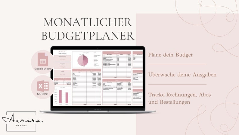 May include: A laptop computer displaying a pink and white budget planner template with the text "MONATLICHER BUDGETPLANER" at the top. The template is divided into sections for tracking income, expenses, and savings. The text "Plane dein Budget", "&Uuml;berwache deine Ausgaben", and "Tracke Rechnungen, Abos und Bestellungen" is displayed on the right side of the image.