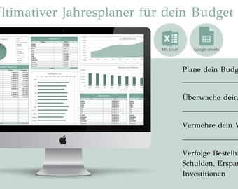 May include: A computer screen displaying a spreadsheet with a green color scheme. The spreadsheet is titled "Ultimativer Jahresplaner für dein Budget". The screen is on a desk with a white background. The image also includes icons for Microsoft Excel and Google Sheets.
