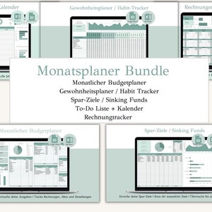 May include: A digital product bundle for personal finance and productivity. The bundle includes a monthly budget planner, habit tracker, sinking funds tracker, to-do list with calendar, and bill tracker. The image shows screenshots of each spreadsheet template.