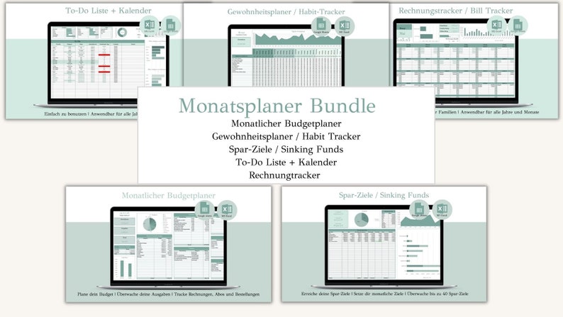 May include: A digital product bundle for personal finance and productivity. The bundle includes a monthly budget planner, habit tracker, sinking funds tracker, to-do list with calendar, and bill tracker. The image shows screenshots of each spreadsheet template.