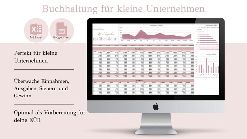May include: A computer screen displaying a spreadsheet with a pink and white color scheme. The spreadsheet shows a graph titled "Einnahmen & Ausgaben res&uuml;bersicht" and includes columns for "Einnahmen" and "Ausgaben". The text "Buchhaltung f&uuml;r kleine Unternehmen" is displayed at the top of the screen.