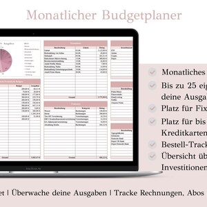 May include: A laptop screen displaying a pink and white budget planner template for the month of August. The template includes sections for income, expenses, and a monthly dashboard. The text on the screen reads "Monatlicher Budgetplaner" and "AUGUST".