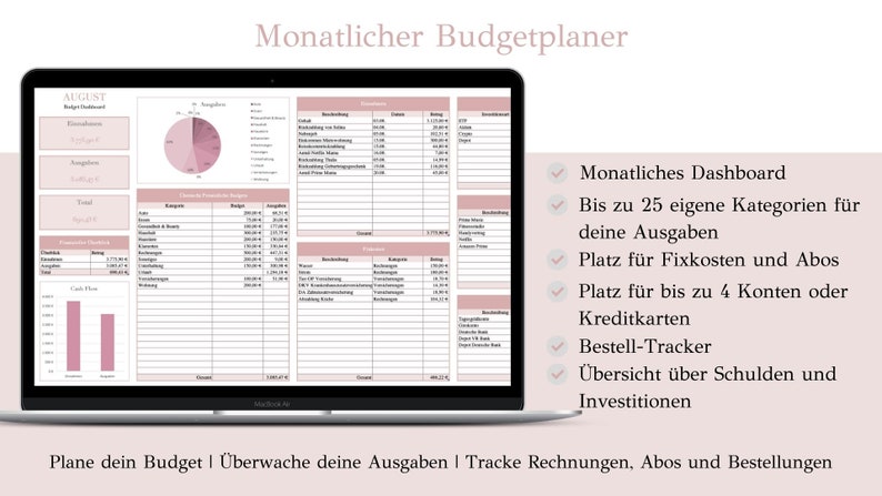 May include: A laptop screen displaying a pink and white budget planner template for the month of August. The template includes sections for income, expenses, and a monthly dashboard. The text on the screen reads "Monatlicher Budgetplaner" and "AUGUST".