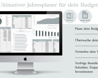 May include: A computer screen displaying a budget planner spreadsheet with charts and graphs. The text on the screen reads "Ultimativer Jahresplaner für dein Budget". The image also shows icons for Microsoft Excel and Google Sheets, along with the text "Plane dein Budget", "Überwache deine Ausgaben", "Vermehre dein Vermögen", and "Verfolge Bestellungen, Schulden, Ersparnisse und Investitionen".