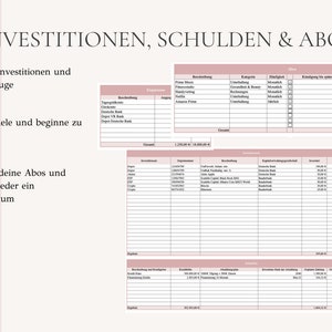 May include: A printable financial tracker with sections for investments, debts, and subscriptions. The tracker has a pink and white colour scheme and includes the text "INVESTITIONEN, SCHULDEN & ABOS".