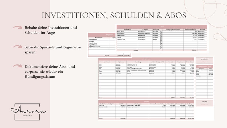 May include: A printable financial tracker with sections for investments, debts, and subscriptions. The tracker has a pink and white colour scheme and includes the text "INVESTITIONEN, SCHULDEN & ABOS".