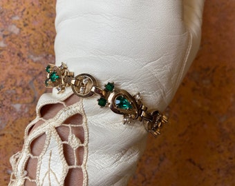 LUSTERN Bracelet with Green & Clear Rhinestones. Elegant Art Deco Styling. Made In USA.