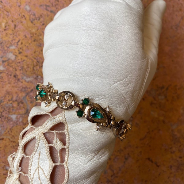 LUSTERN Bracelet with Green & Clear Rhinestones. Elegant Art Deco Styling. Made In USA.