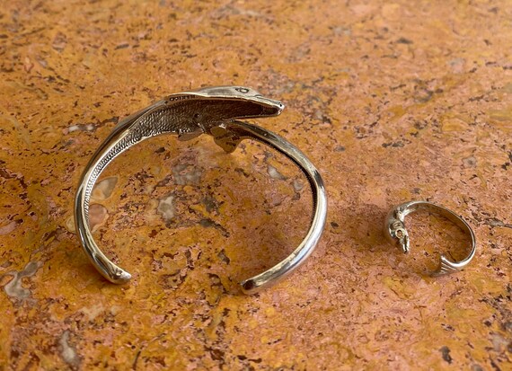 Solid Silver Dolphin Adjustable Cuff Bracelet & R… - image 3