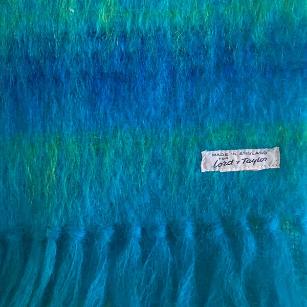 Lord & Taylor Made In England Bright Turquoise Green Wool and Maybe Mohair Blend Large Sized Shawl Scarf. 67” x 17.75”.