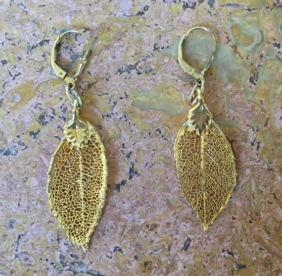 Sterling Silver Gold Washed Leaf Shape Earrings w… - image 2
